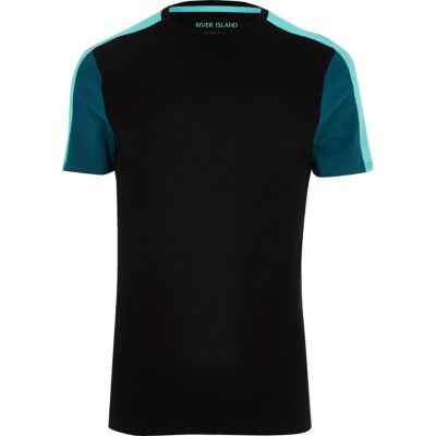 Black colour block muscle fit T-shirt
